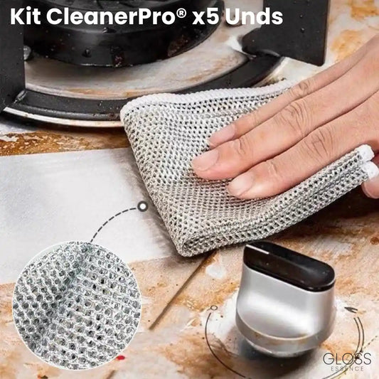 Kit CleanerPro® x5 paños multiusos de fibra ultra-resistente, brilla, quita grasa y protege tu cocina de las bacterias