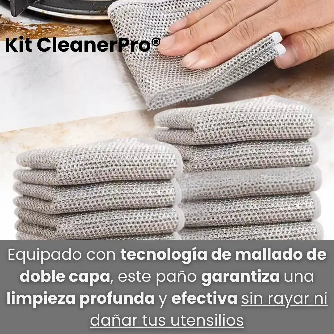 Kit CleanerPro® x5 paños multiusos de fibra ultra-resistente, brilla, quita grasa y protege tu cocina de las bacterias